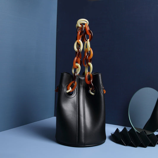 Resin Chain Leather Bucket Handbag